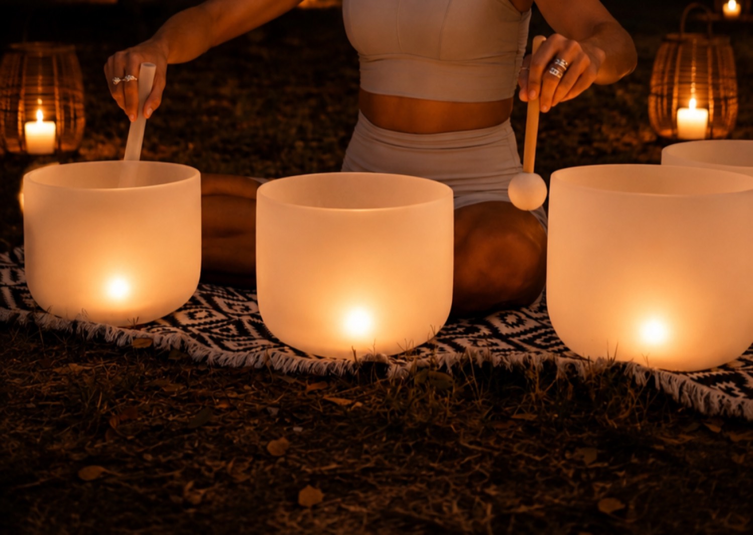 Crystal singing bowls glowing by candlelight